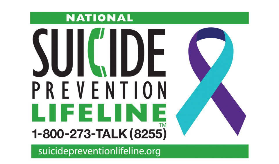 National Suicide Prevention Lifeline logo with a teal and purple awareness ribbon.