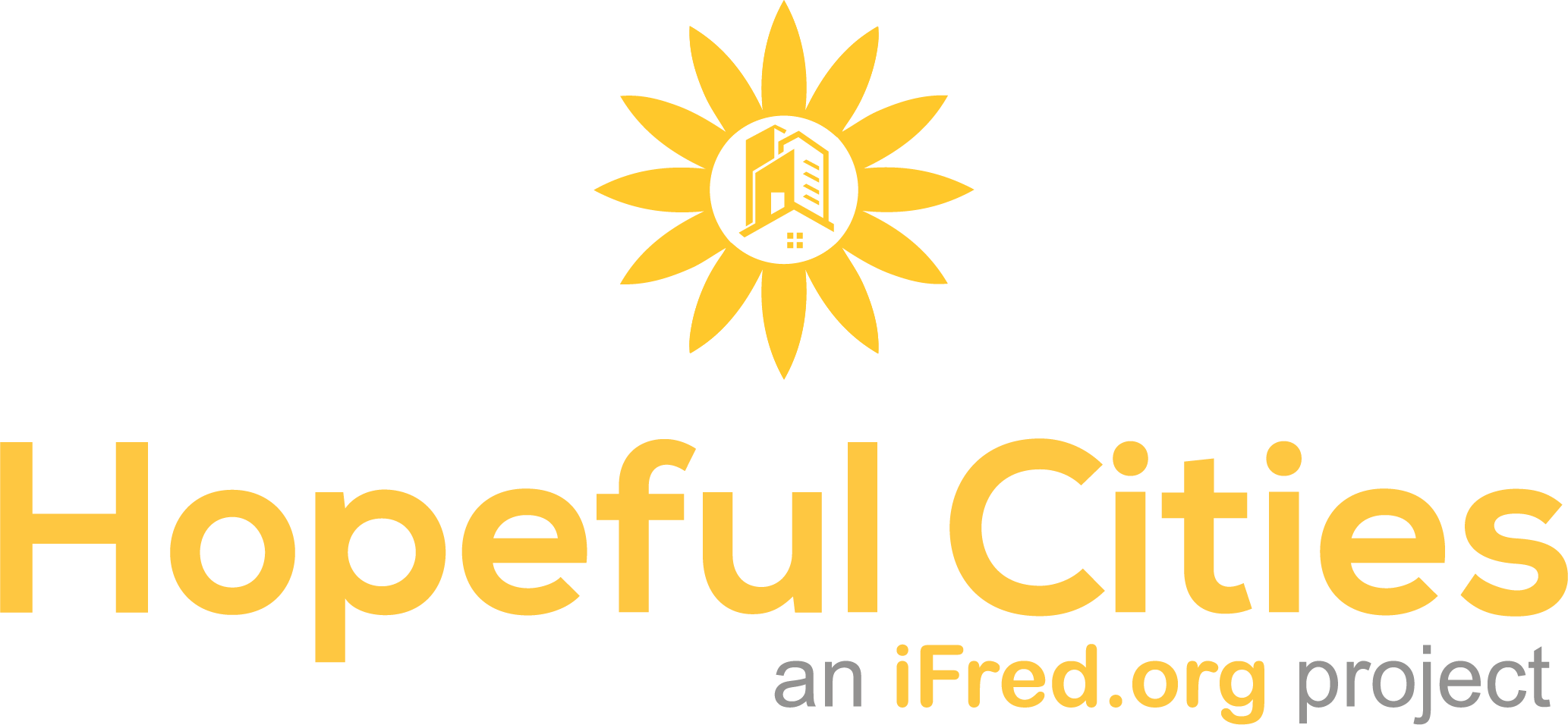Yellow sunflower logo with Hopeful Cities an iFred.org project written in yellow and gray text.