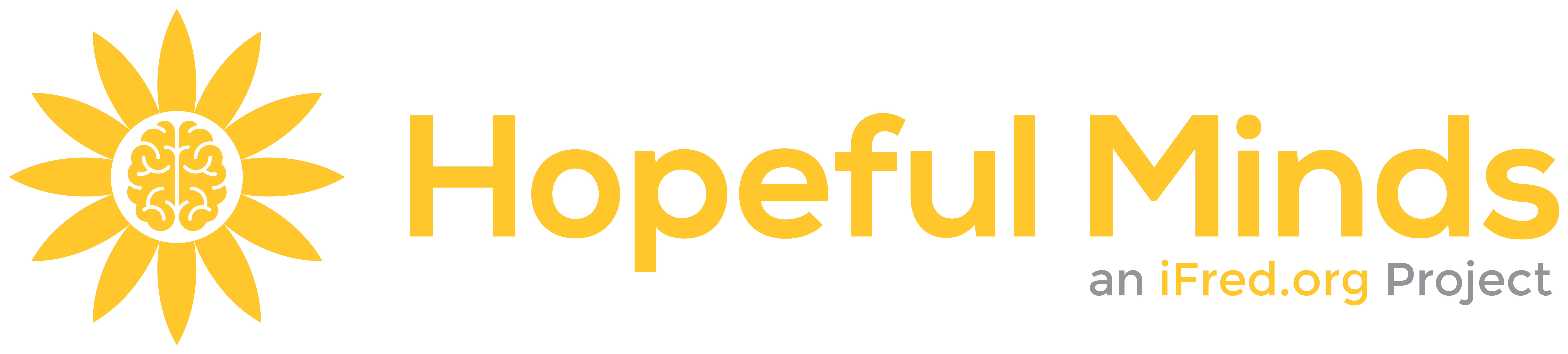 Yellow sunflower logo with a brain center, text: Hopeful Minds, an iFred.org Project.