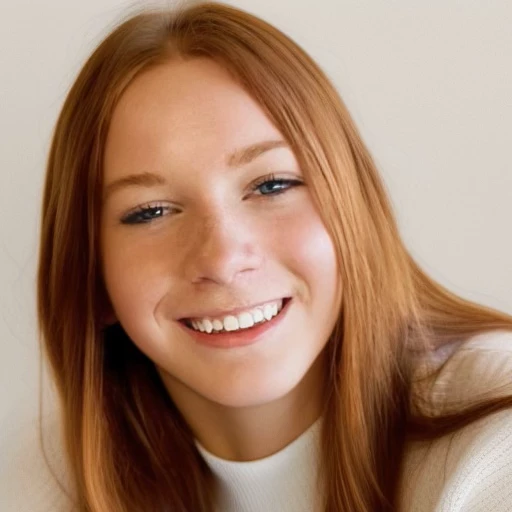 Smiling person with long red hair wearing a white shirt against a neutral background.