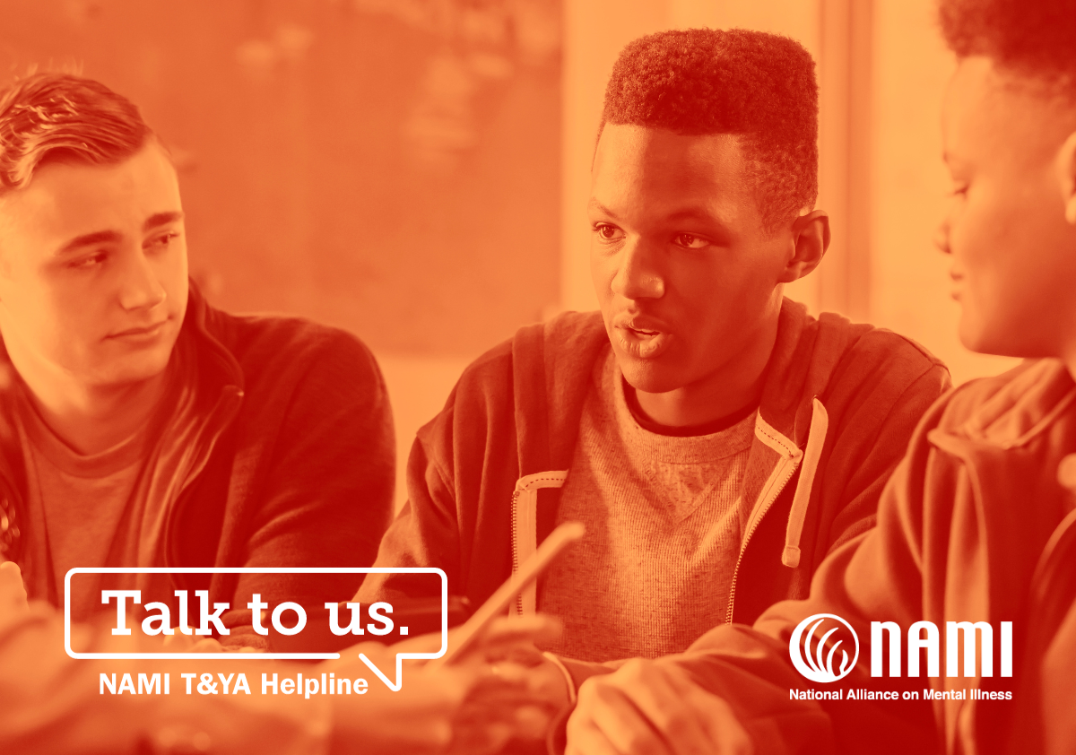 Group of diverse people having a conversation; Talk to us. NAMI T&YA Helpline text with NAMI logo visible.
