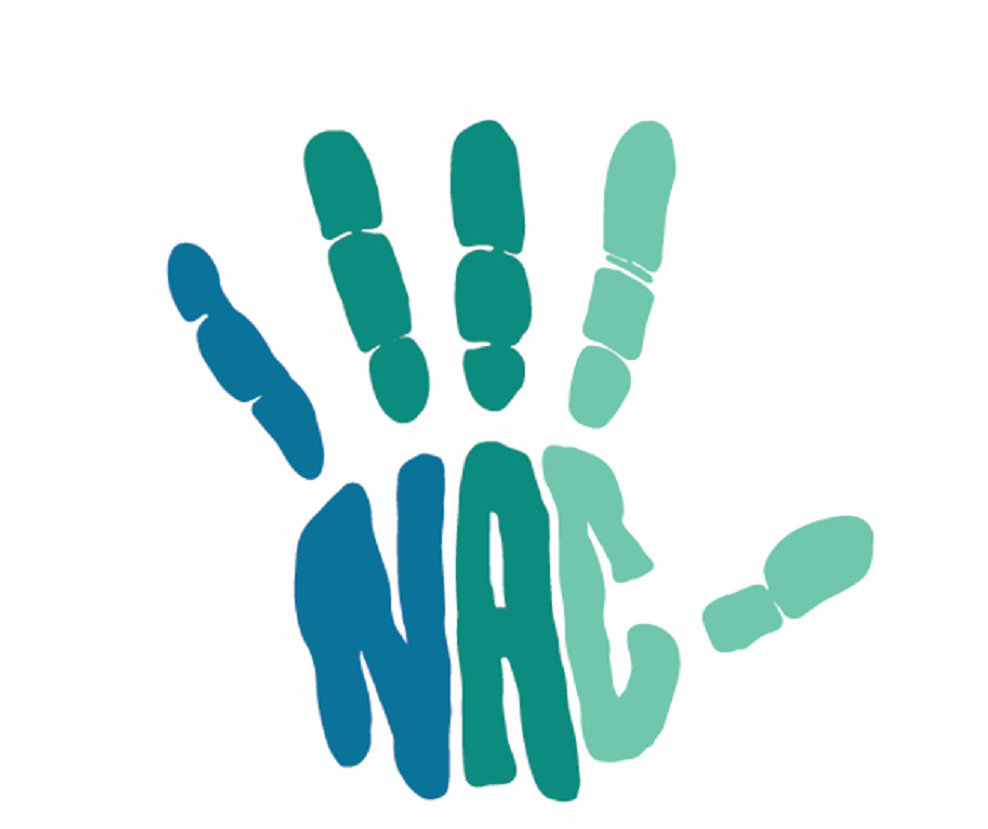 A stylized handprint with the letters NAC integrated into the palm and fingers, in shades of blue and green.