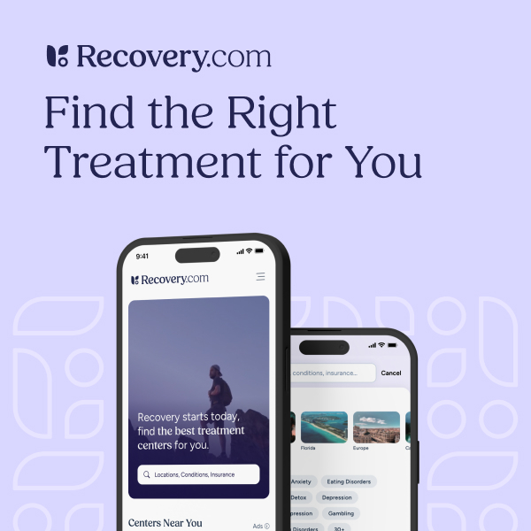 Two smartphones display the Recovery.com app interface with a slogan: Find the Right Treatment for You.
