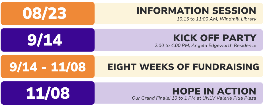 Colorful event schedule with dates: 8/23 info session, 9/14 party, 9/14-11/8 fundraising, 11/8 finale event.